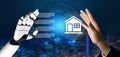 Futuristic Interaction Between Human Hand and Robotic Hand With Digital Home Icon on Background Depicting Smart Royalty Free Stock Photo