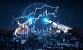 Futuristic Interaction Between Human Hand and Robotic Hand with Financial Data in Background, Stock Market Analysis, and Royalty Free Stock Photo