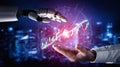 Futuristic Interaction Between Human Hand and Robotic Hand with Financial Graph Data Visualization at Night Impute Royalty Free Stock Photo