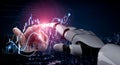 Futuristic Interaction Between Human Hand and Robotic Hand in a High-Tech Environment with Data Visualization and Graphs Royalty Free Stock Photo