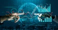 Futuristic interaction between human hands and robotic hand with financial charts and data visualizations for technology Royalty Free Stock Photo