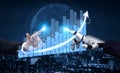 Futuristic Interaction Between Human and Robot in Business Growth Visualization with Graphs and Data Insights Against Royalty Free Stock Photo