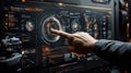 Futuristic interactive touchscreen interface with advanced digital technology for data analysis and visualization in high-tech