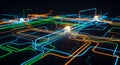 Futuristic Interconnected Network Displaying Orange Green and Blue Lines Against Dark Background Perfect for Technology Concepts Royalty Free Stock Photo