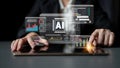 Futuristic Interface with AI Technology and Data Analytics Concept, Hands Interacting with Digital Screens and Graphs on Royalty Free Stock Photo