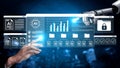 Futuristic Interface with AI Technology and Robot Hand Interacting with Data Visualization and Security Features in Royalty Free Stock Photo