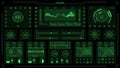 Green futuristic interface with animation of data processing and business graphs and statistics