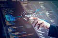 Futuristic interface of DBMS system with hand interacting digital data structure, database schema, and API integration. Concept of Royalty Free Stock Photo