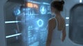 Futuristic interface display with woman analyzing data information in a sci fi setting scene Royalty Free Stock Photo
