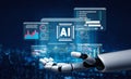 Futuristic Interface Displaying Artificial Intelligence Metrics and Data Analysis with Robotic Hand Visualizing Royalty Free Stock Photo