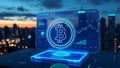 A futuristic interface displaying bitcoin charts and data with a cityscape in the blurred background view Royalty Free Stock Photo