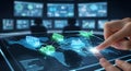 A futuristic interface displaying a global network with interact Royalty Free Stock Photo