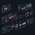 Futuristic interface displaying multiple holographic data panels on a dark background. Royalty Free Stock Photo