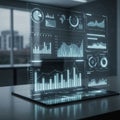 A futuristic interface displays an array of statistical graphics, including bar charts, line Royalty Free Stock Photo