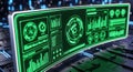 Futuristic interface displays real time data analysis with glowing green digital elements Royalty Free Stock Photo