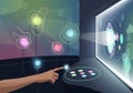 A futuristic interface featuring a human hand pointing at a digital Royalty Free Stock Photo