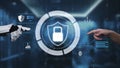 Futuristic Interface Featuring Robotic Hand Interacting with Cybersecurity Elements and Lock Icon in a High-Tech Royalty Free Stock Photo
