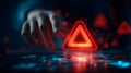 Futuristic interface with glowing red triangle and human hand interaction Royalty Free Stock Photo