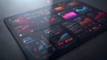 Futuristic interface with graphs and charts on the screen, 3d rendering