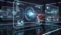 Futuristic Interface: Hand Interacting with Global Data Display on Transparent Screens Royalty Free Stock Photo