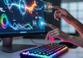Futuristic interface hands touching glowing data visualizations on monitor with rgb keyboard Royalty Free Stock Photo