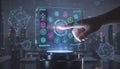 Futuristic Interface Interaction: Hand Touching Holographic Display on Platform Royalty Free Stock Photo