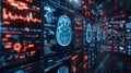 Futuristic interface with multiple displays showcasing advanced brain scan images and neurology data analysis in a high-tech