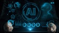 Futuristic interface showcasing artificial intelligence data analysis and visualization with human silhouette and global Royalty Free Stock Photo