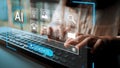 Futuristic interface showcasing artificial intelligence features with hands typing on a keyboard and digital icons Royalty Free Stock Photo