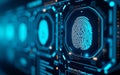 A futuristic interface showcasing biometric scanning elements like fingerprints, iris patterns, and security markers in a high-