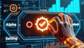 Futuristic interface shows software development lifecycle. Hand interacts with glowing digital elements. Alpha, beta testing