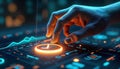 Futuristic interface shows software development lifecycle. Hand interacts with tech display. Testing phases like alpha, beta