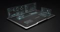 Futuristic interface with transparent holographic screens displaying data analyti