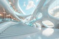 Futuristic interior design of a public space with smooth white curves and ambient lighting, creating a high-tech yet Royalty Free Stock Photo