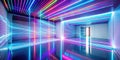 Futuristic interior design with vibrant neon lights and reflective floor. Generative AI Royalty Free Stock Photo