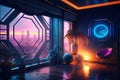 Futuristic Interior with dystopian cyberpunk megapolis view behind the window. Neon lights and future.