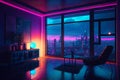 Futuristic Interior with dystopian cyberpunk megapolis view behind the window. Neon lights and future.