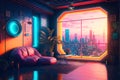 Futuristic Interior with dystopian cyberpunk megapolis view behind the window. Neon lights and future.