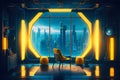 Futuristic Interior with dystopian cyberpunk megapolis view behind the window. Neon lights and future.