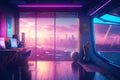 Futuristic Interior with dystopian cyberpunk megapolis view behind the window. Neon lights and future.