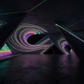 Futuristic interior featuring an array of angular, dark structures with neon iridescent