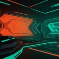 uturistic interior featuring neon lights in vibrant red and teal colors. Angular Royalty Free Stock Photo