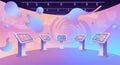 Futuristic interior with five interactive touchscreen kiosks on pedestals, arranged in a Royalty Free Stock Photo