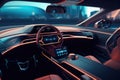 Futuristic interior of luxury car. Technology car dashboard. Generative AI Royalty Free Stock Photo
