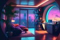 Futuristic interior room with open view in residential building. Modern cyberpunk apartment livingroom with neon lighting
