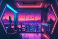 Futuristic interior room with open view in residential building. Modern cyberpunk apartment livingroom with neon lighting