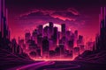 futuristic interpretation of digital data streams in shades of purple and pink with a technological cityscape in the background