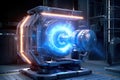 futuristic ion thruster engine emitting blue plasma