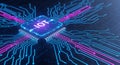 Futuristic IoT microchip on circuit board with neon lights Royalty Free Stock Photo