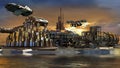 Futuristic island city with hoovering aircrafts